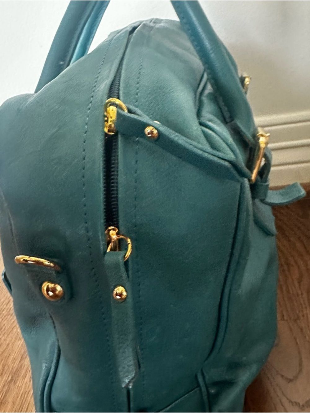 Valentina Italy Teal Leather Satchel Gold-Plated Accents | Made in Italy Bag - Picture 9 of 16